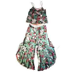 2 Pc Anthropologie Sz M Layla Sleep Cami Top Pants Ruffle Floral Birds Dot Green